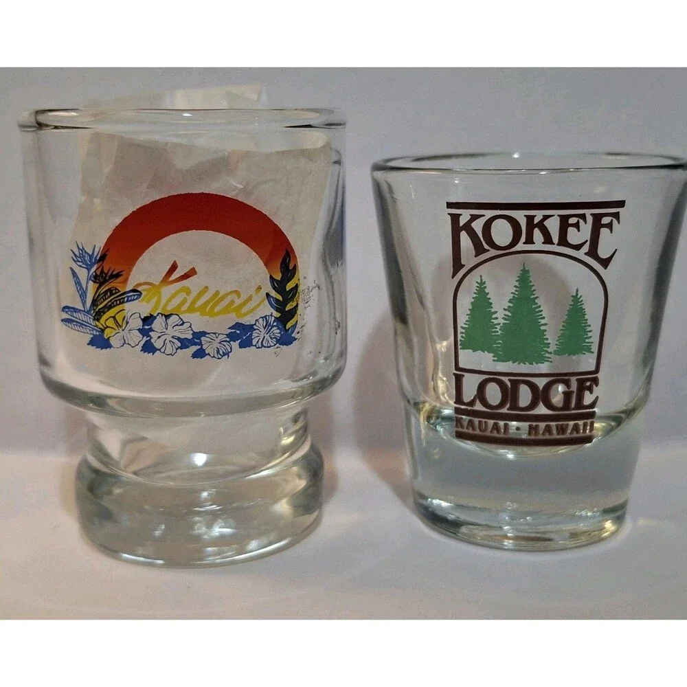 2 Vintage 1990's KAUAI Shot Glasses Mountains on Island & Kokee Lodge Hawaii